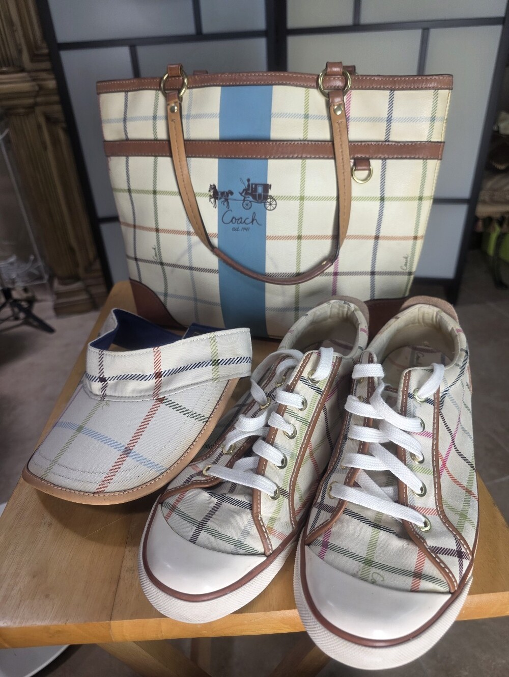 Coach Womens Plaid Low-Top TENNIS Sneakers, TOTE BAG & VISOR SIZE 11